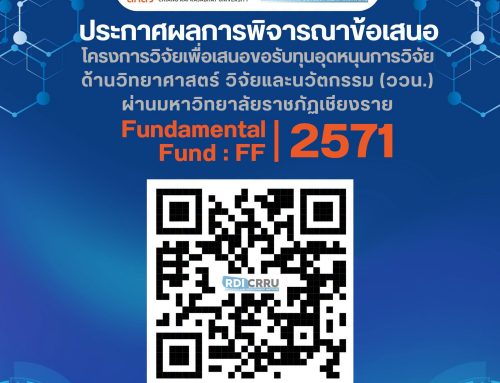 ประกาศผลพิจารณาข้อเสนอโครงการวิจัยเพื่อเสนอขอรับทุนอุดหนุนการวิจัย ด้านวิทยาศาสตร์วิจัยและนวัตกรรม (ววน.) ประเภททุนสนับสนุนงานมูลฐาน (Fundamental Fund: FF) ผ่านมหาวิทยาลัยราชภัฏเชียงราย ประจำปีงบประมาณ พ.ศ. 2571